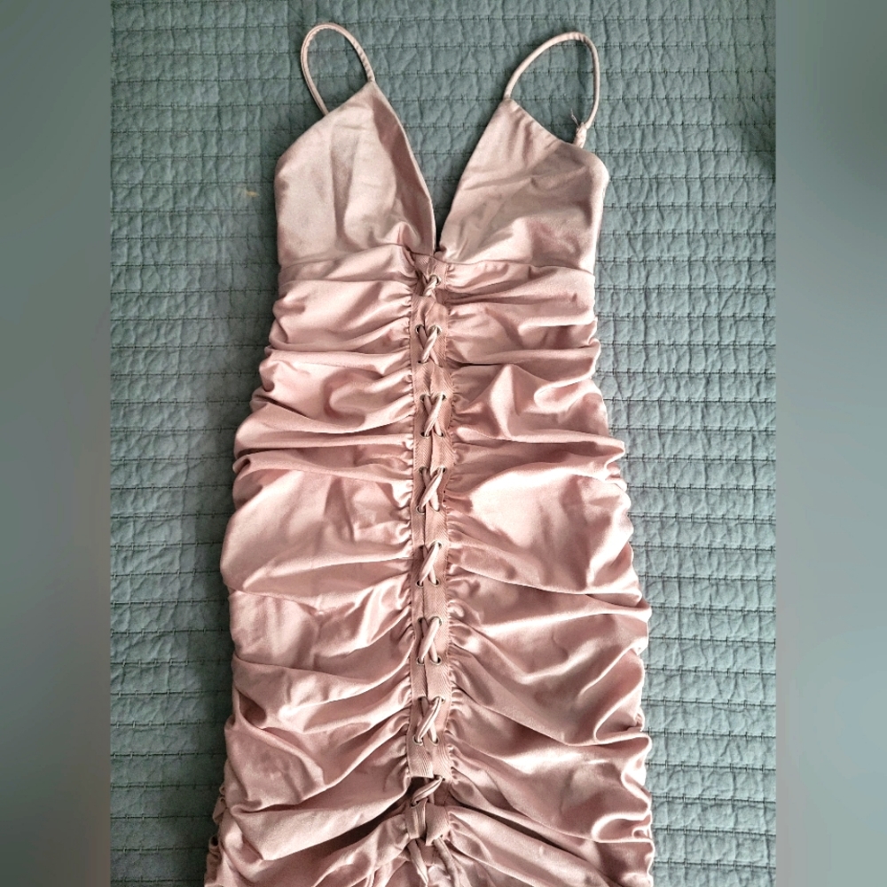 Tiger Mist Pink Ruched Mini Dress